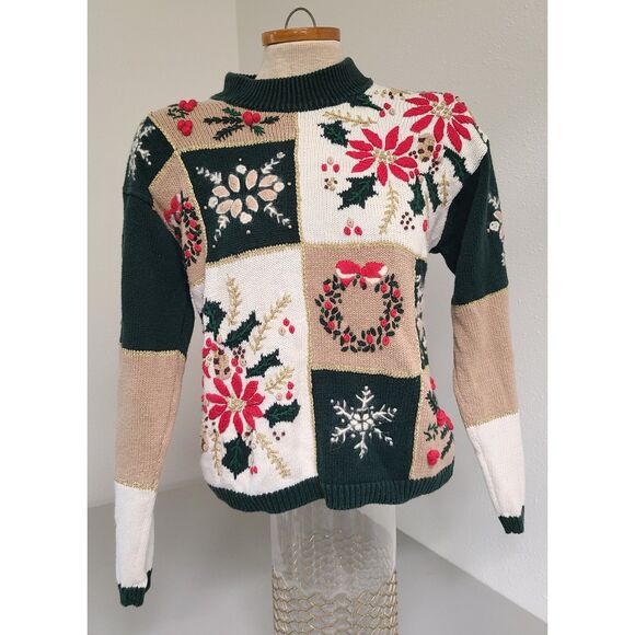Retro Patchwork Holiday Christmas Sweater Granny Grandma Xmas MEDIUM Festive M - Picture 2 of 6